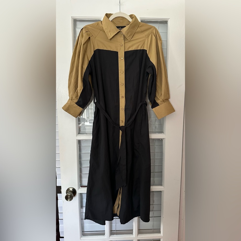 Spoon Jeans Women’s S Black Tan Button Front Belted Shirt Dress | SKU 0492